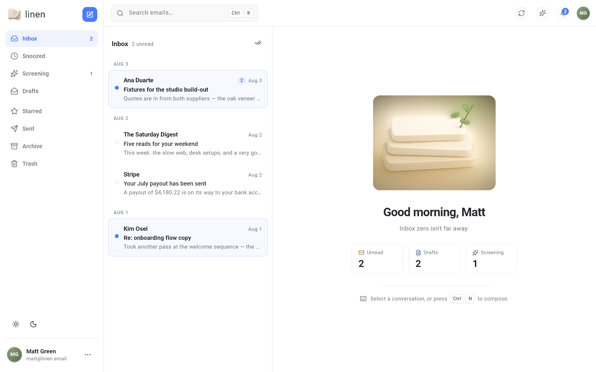 The Linen inbox: sidebar with screening queue, message list, and reading pane