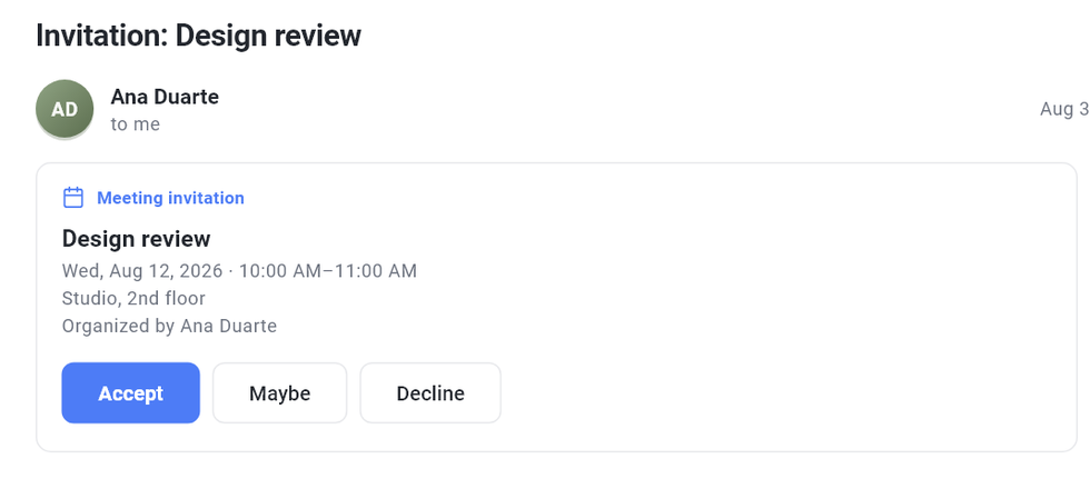 A meeting invitation in the reader: title, time, place, organizer, and Accept, Maybe and Decline buttons
