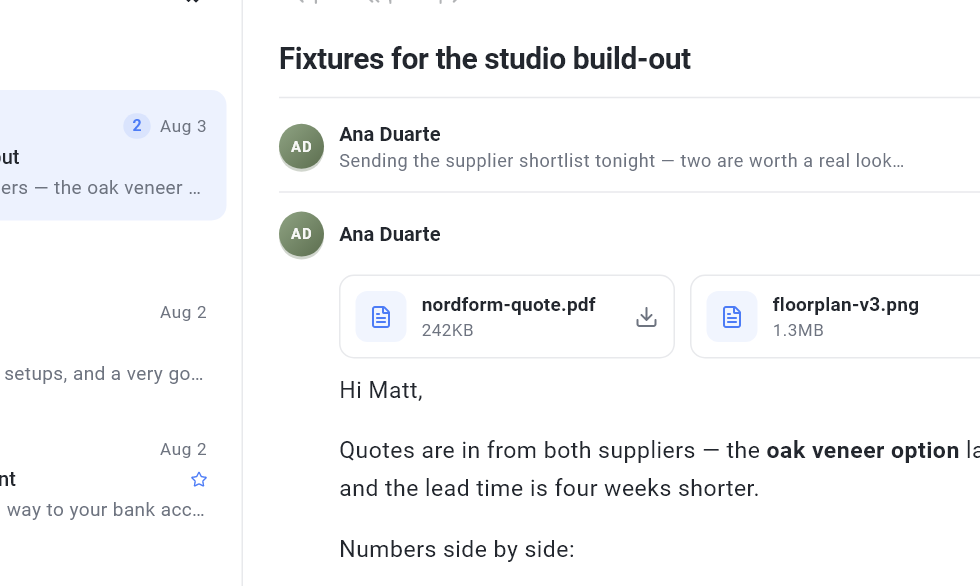 A message with two attachments and the inline reply field beneath it